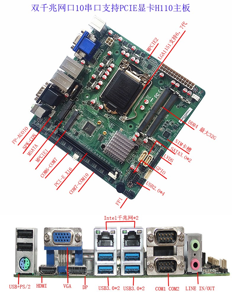 铭微H110工控主板双英特尔网口支持PCIE主板支持6串口主板