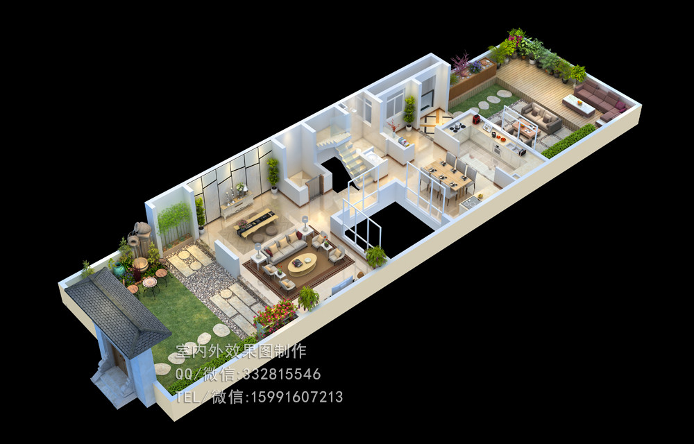 南宁小公寓3D户型图制作_样板间_新中式立体风格