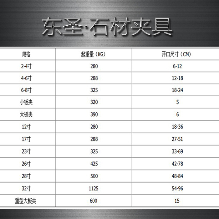 石材夹具规格参数列表