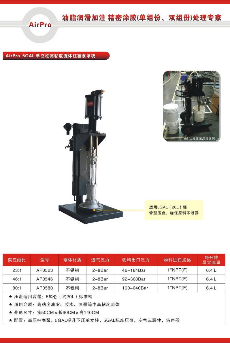 供应AirPro 5GAL工业级气动压盘式高压油脂泵涂胶泵黄油泵20L